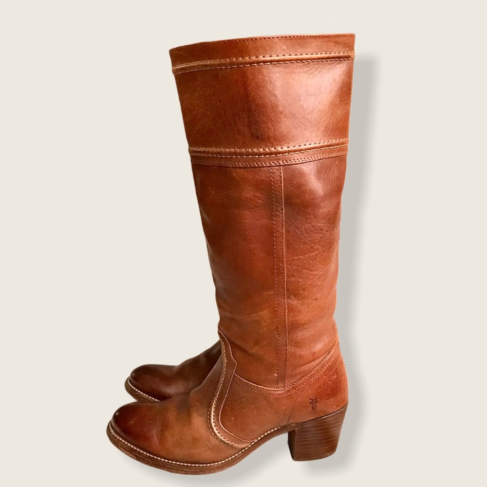 Frye Jane Stitch Leather Heeled Knee High Boots - Picture 14 of 16